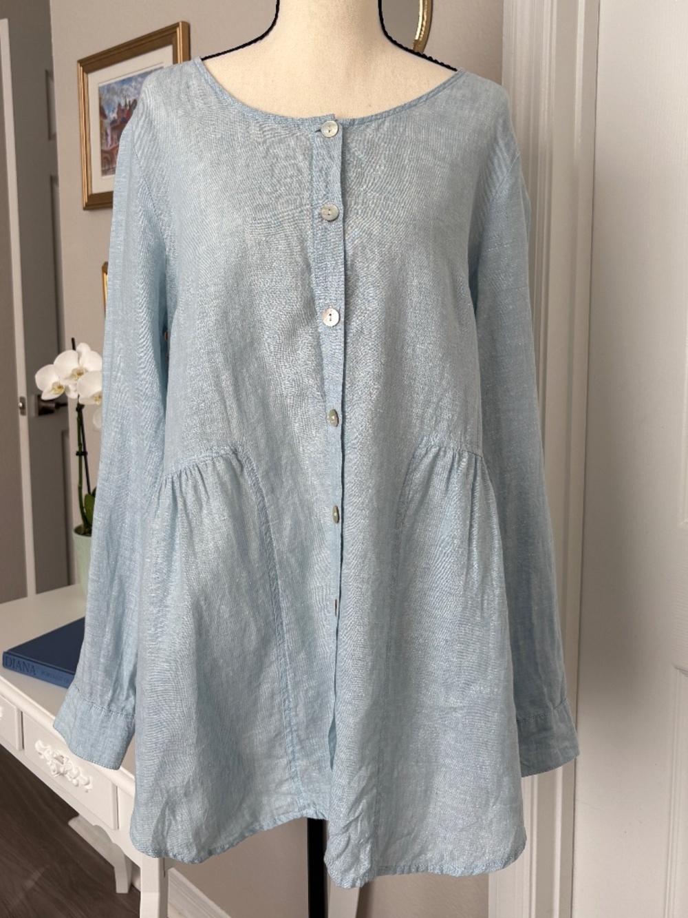 Sigrid Olsen Women's Light blue Linen Tunic Blouse Size M Lagenlook Airy Summer